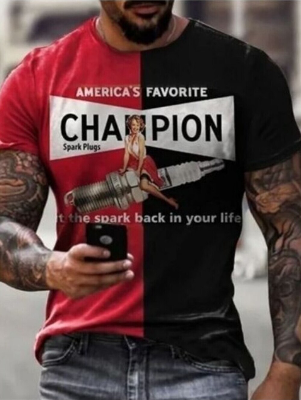 Champion Spark Plugs Put The Spark Back Black Red Colorblock Racing T Shirt